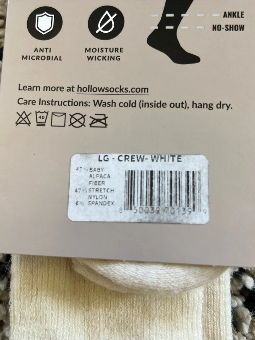 Hollow Alpaca Socks Crew White Unisex Adult Size Large